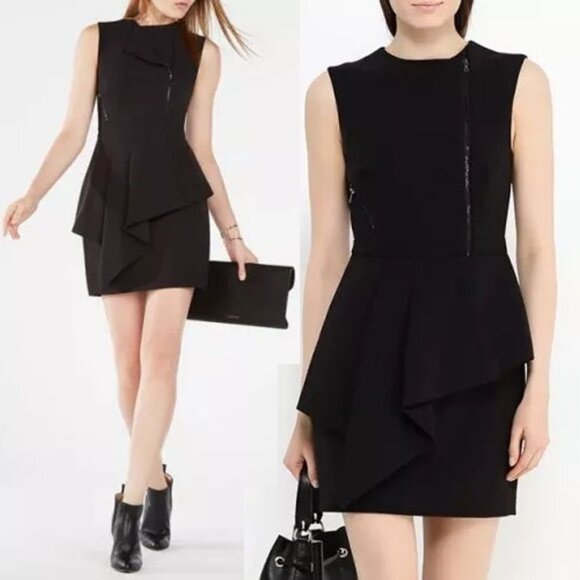 BCBGMaxAzria Black Nikki Zip Front Peplum Mini Dress 10 Stretchy Ponte Y2K $298 - Picture 3 of 14